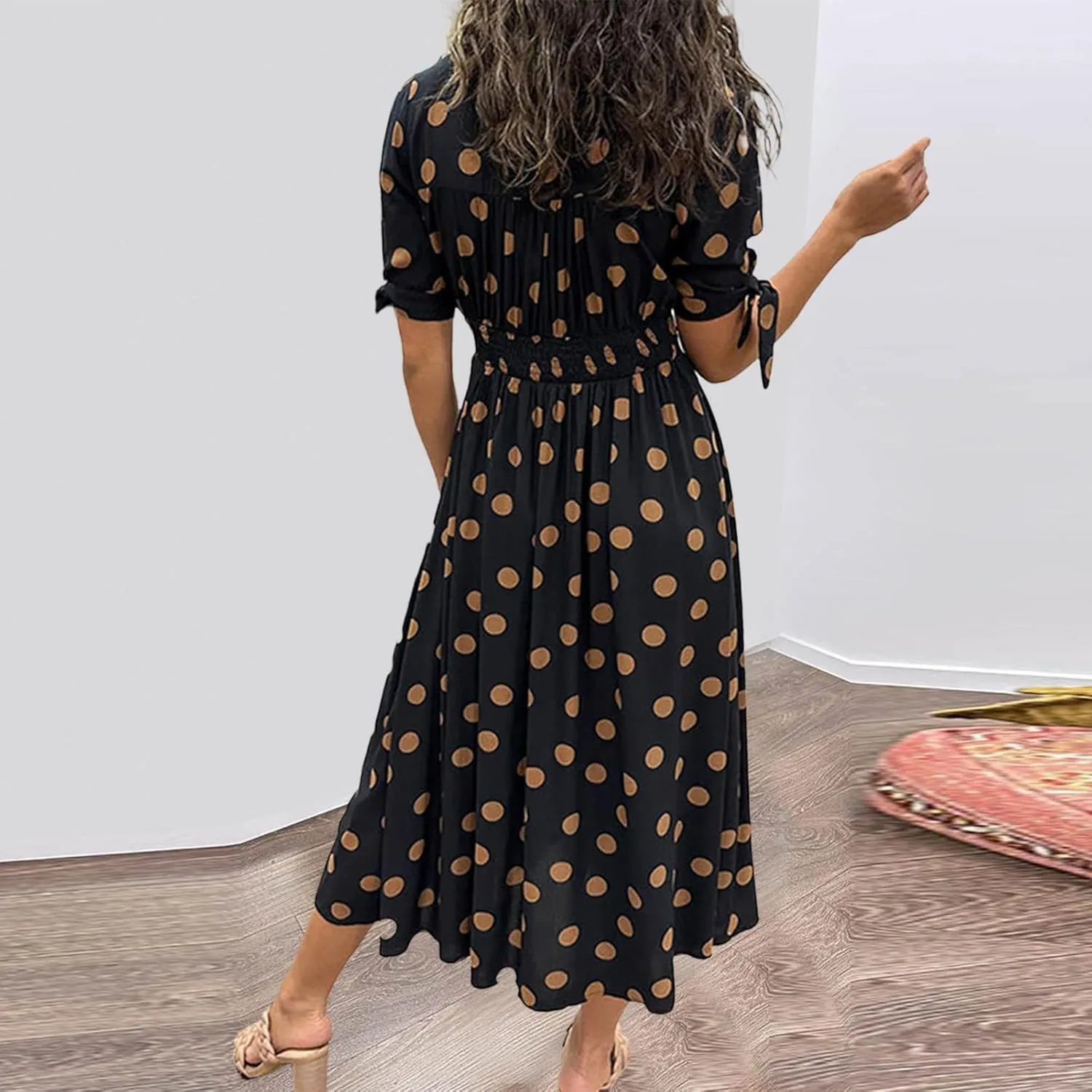 Summer Dresses for Women 2024 Wrap V Neck Short Sleeve High Waist Floral Flowy A Line Polka Dot Midi Short Boho Dresses