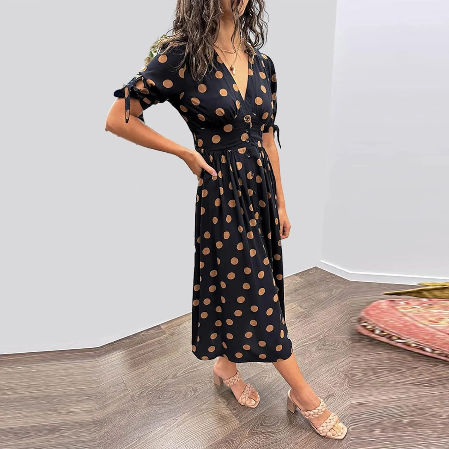 Summer Dresses for Women 2024 Wrap V Neck Short Sleeve High Waist Floral Flowy A Line Polka Dot Midi Short Boho Dresses