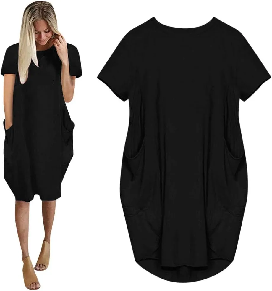 Summer Dresses for Women 2025 Baggy Curvy Oversized Tshirt Dress Plain Simple Round Neck Flowy Dresses with Pockets