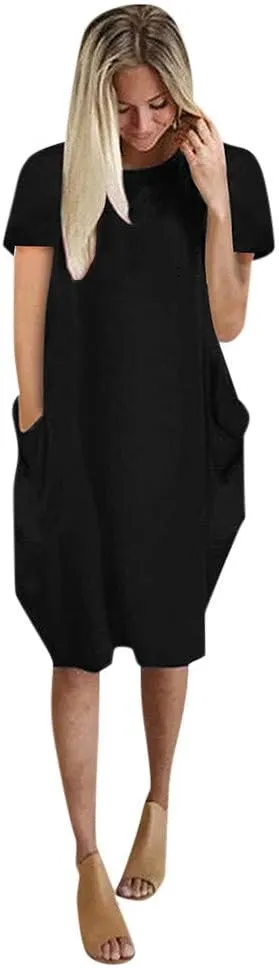 Summer Dresses for Women 2025 Baggy Curvy Oversized Tshirt Dress Plain Simple Round Neck Flowy Dresses with Pockets