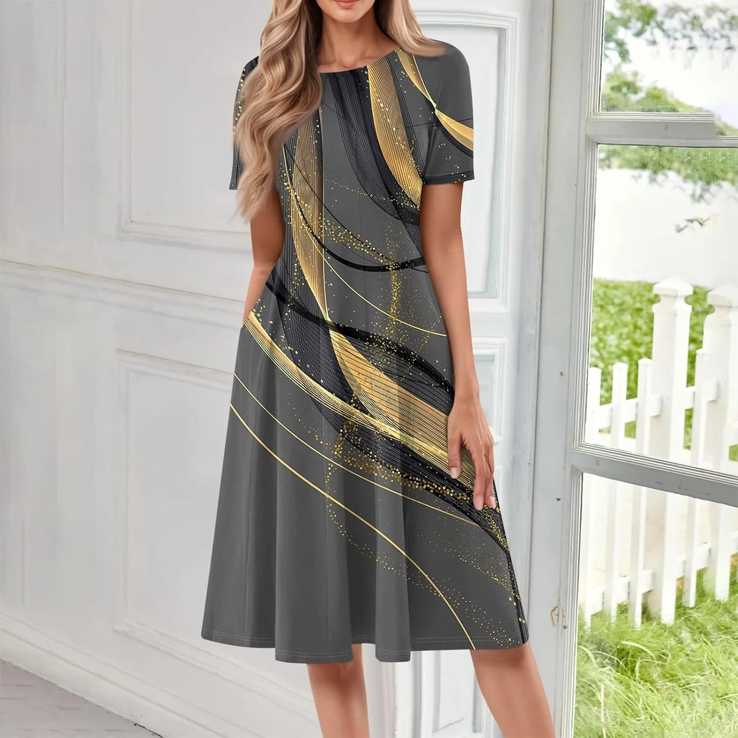 Summer Dresses for Women 2025 Beach Vacation Elegant Crewneck Short Sleeve Midi Sun Dress A Line Dress Side Pockets