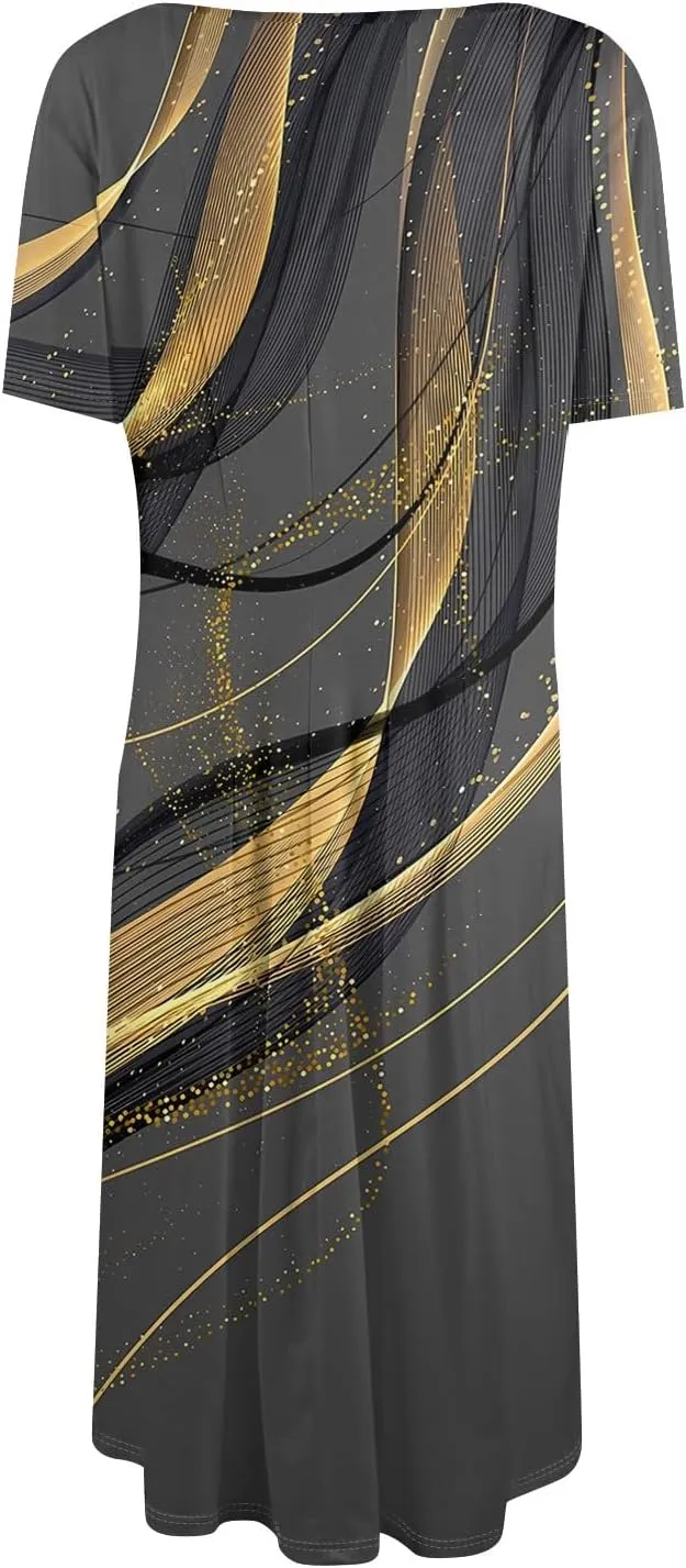 Summer Dresses for Women 2025 Beach Vacation Elegant Crewneck Short Sleeve Midi Sun Dress A Line Dress Side Pockets