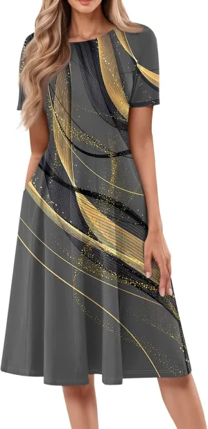 Summer Dresses for Women 2025 Beach Vacation Elegant Crewneck Short Sleeve Midi Sun Dress A Line Dress Side Pockets