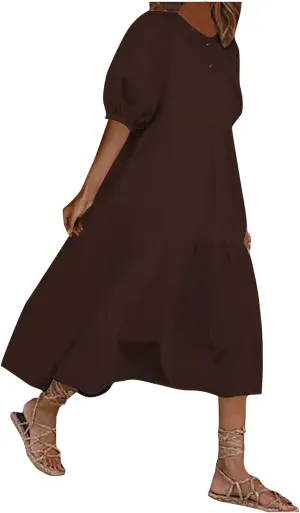 Summer Dresses for Women 2025 Casual Short Sleeve Solid Sundress Fashion Loose Round Neck Cotton Linen Dress