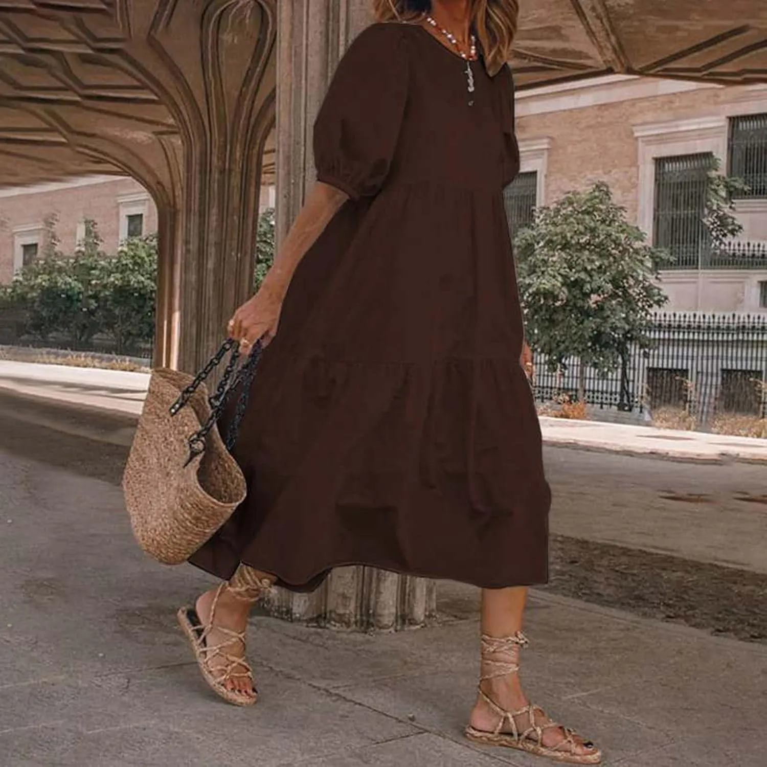 Summer Dresses for Women 2025 Casual Short Sleeve Solid Sundress Fashion Loose Round Neck Cotton Linen Dress