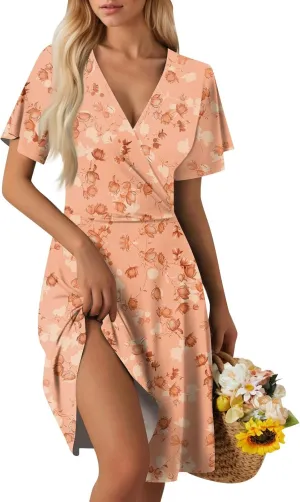 Summer Dresses for Women 2025 Casual Sun Dresses Short Sleeve v Neck Beach Vacation midi Dresses with Pockets