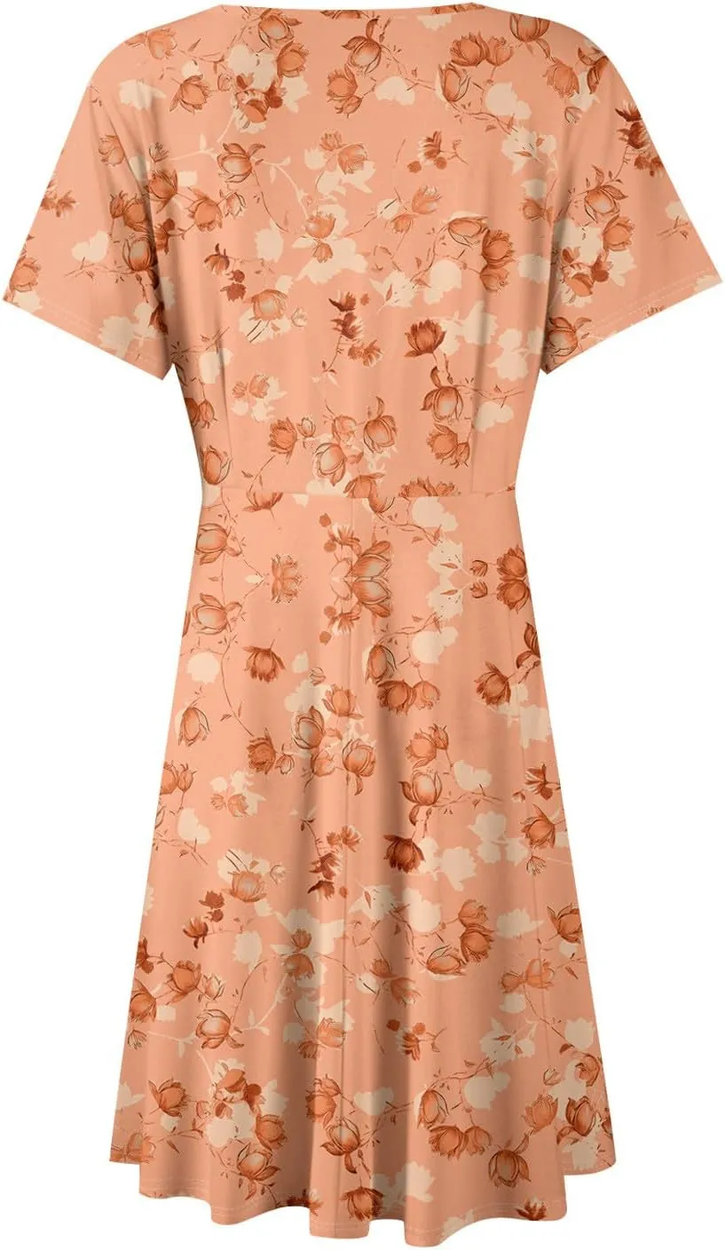 Summer Dresses for Women 2025 Casual Sun Dresses Short Sleeve v Neck Beach Vacation midi Dresses with Pockets