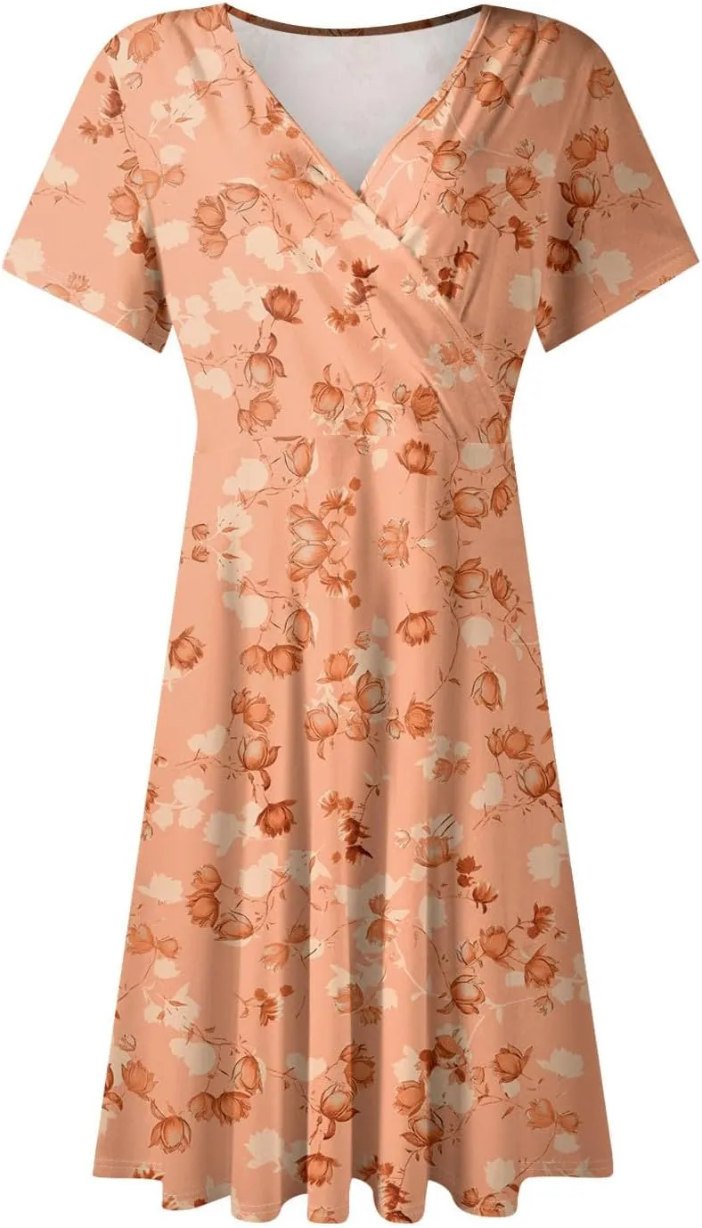 Summer Dresses for Women 2025 Casual Sun Dresses Short Sleeve v Neck Beach Vacation midi Dresses with Pockets