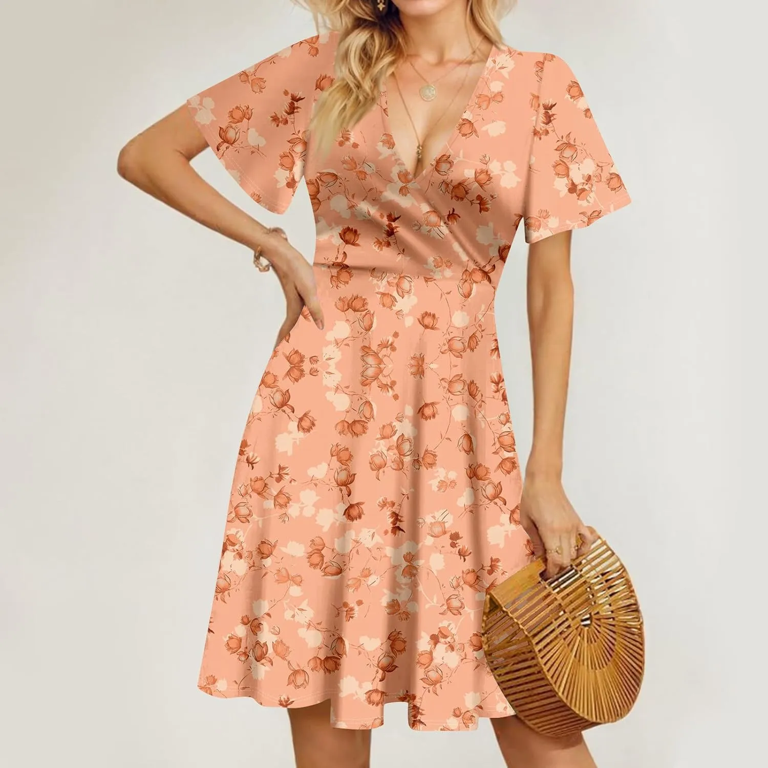 Summer Dresses for Women 2025 Casual Sun Dresses Short Sleeve v Neck Beach Vacation midi Dresses with Pockets