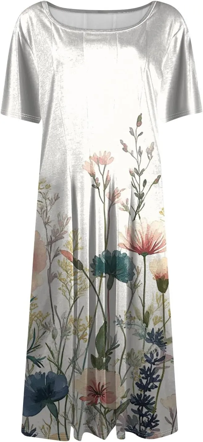 Summer Dresses for Women 2025 Crewneck Short Sleeve Empire Waist A Line Dress Side Pockets Midi Sun Dress Vacation