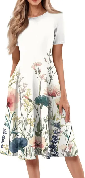 Summer Dresses for Women 2025 Crewneck Short Sleeve Empire Waist A Line Dress Side Pockets Midi Sun Dress Vacation