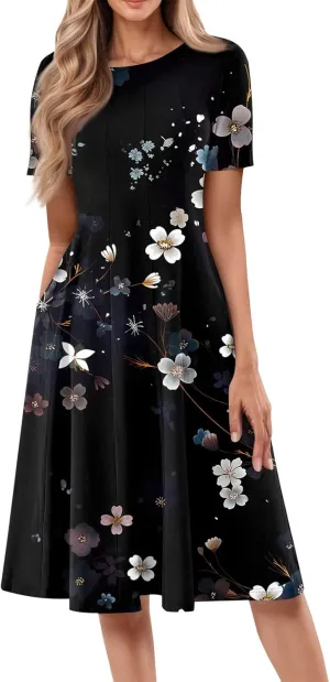Summer Dresses for Women 2025 Empire Waist A Line Dress Side Pockets Crewneck Short Sleeve Midi Sun Dress Vacation