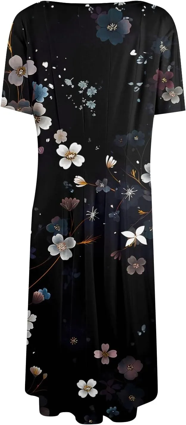 Summer Dresses for Women 2025 Empire Waist A Line Dress Side Pockets Crewneck Short Sleeve Midi Sun Dress Vacation