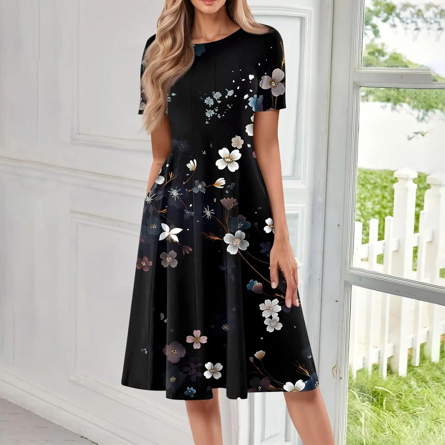 Summer Dresses for Women 2025 Empire Waist A Line Dress Side Pockets Crewneck Short Sleeve Midi Sun Dress Vacation