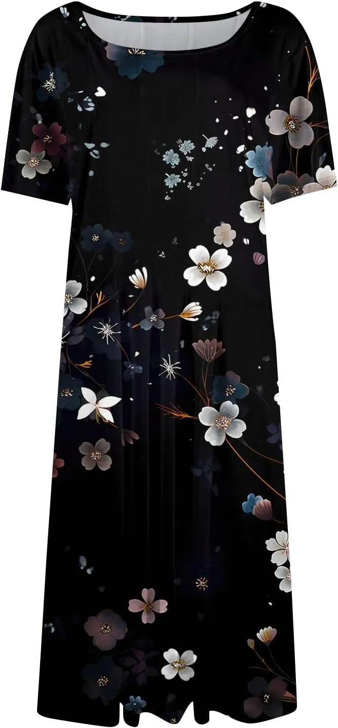 Summer Dresses for Women 2025 Empire Waist A Line Dress Side Pockets Crewneck Short Sleeve Midi Sun Dress Vacation