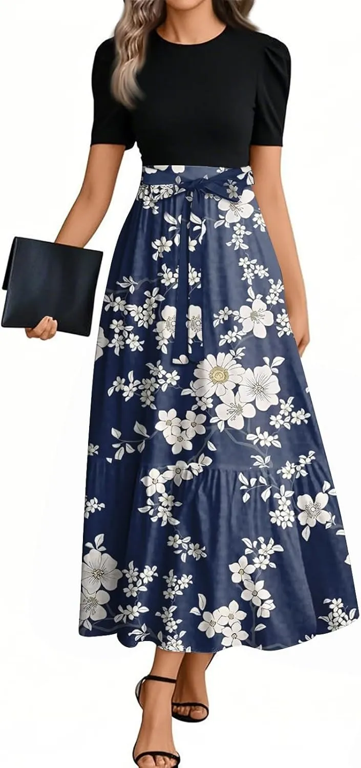 Summer Dresses for Women 2025 Floral Print Wrap Short Sleeve Maxi Dress Patchwork Ruffle Hem A Line Dress Elegant Sundress