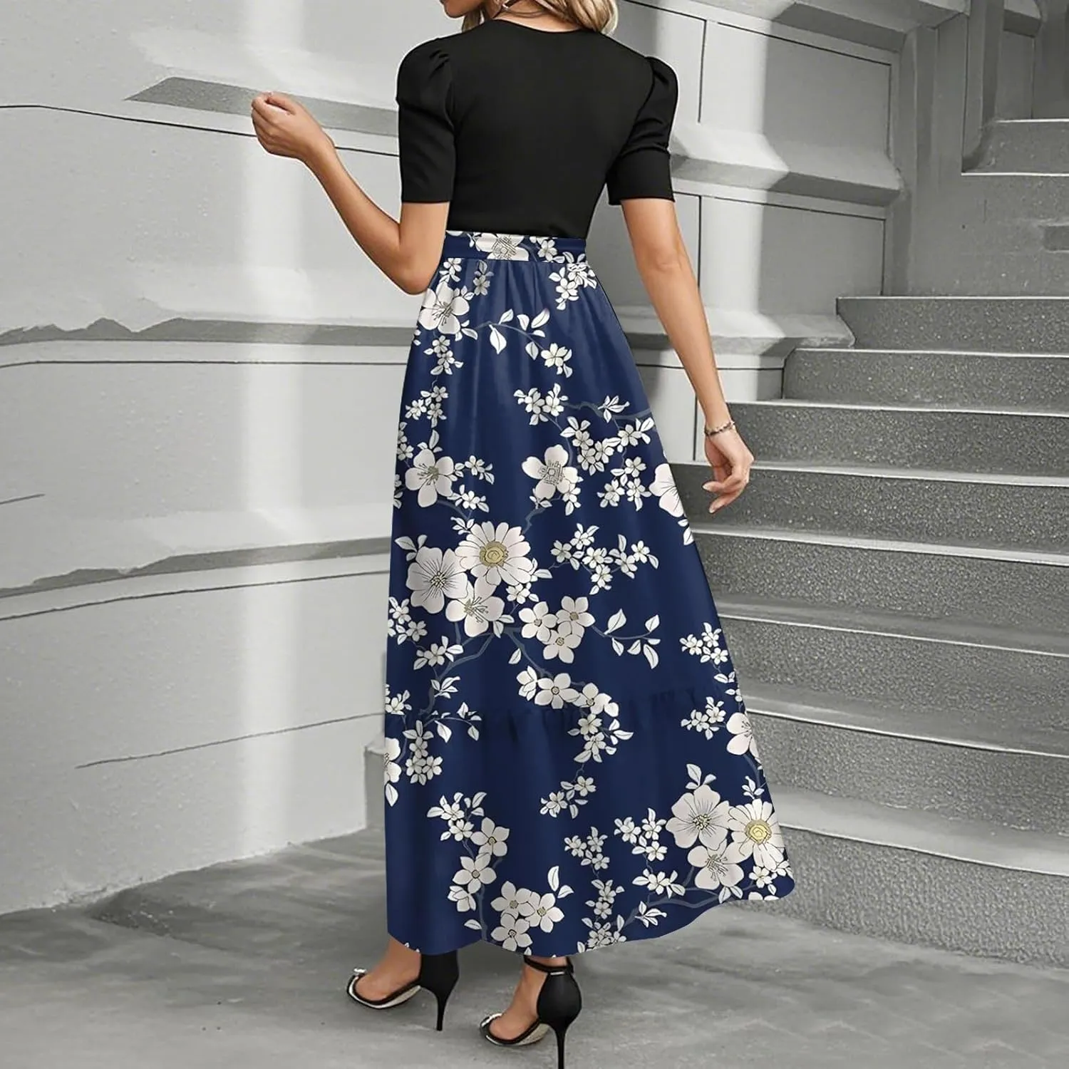 Summer Dresses for Women 2025 Floral Print Wrap Short Sleeve Maxi Dress Patchwork Ruffle Hem A Line Dress Elegant Sundress