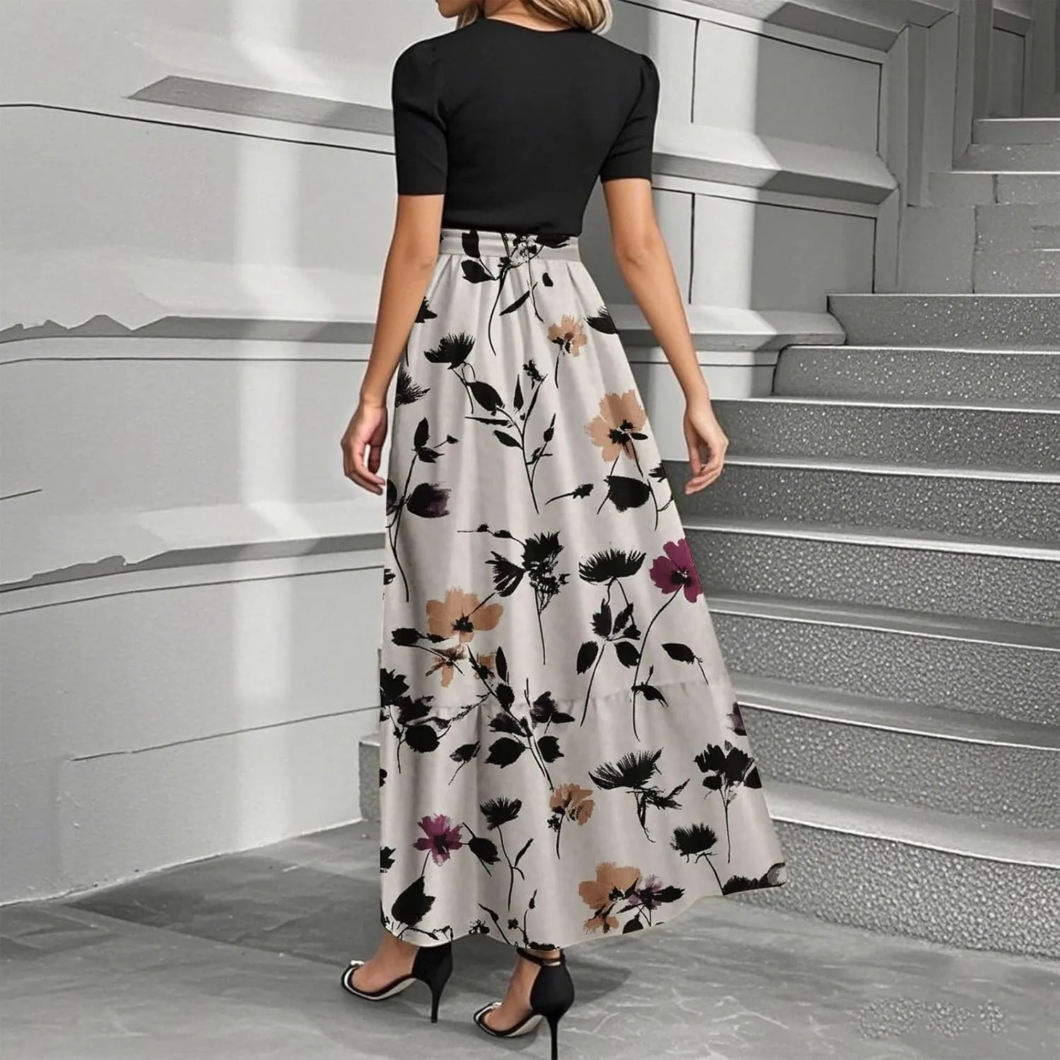 Summer Dresses for Women 2025 Floral Wrap Tiered Ruffle Hem A Line Maxi Dress Short Sleeve Beach Vacation Clothes