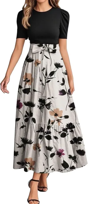 Summer Dresses for Women 2025 Floral Wrap Tiered Ruffle Hem A Line Maxi Dress Short Sleeve Beach Vacation Clothes