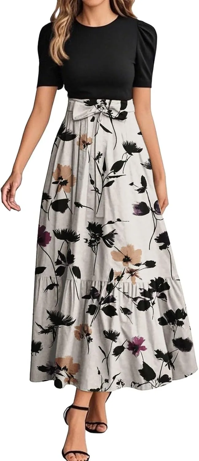 Summer Dresses for Women 2025 Floral Wrap Tiered Ruffle Hem A Line Maxi Dress Short Sleeve Beach Vacation Clothes