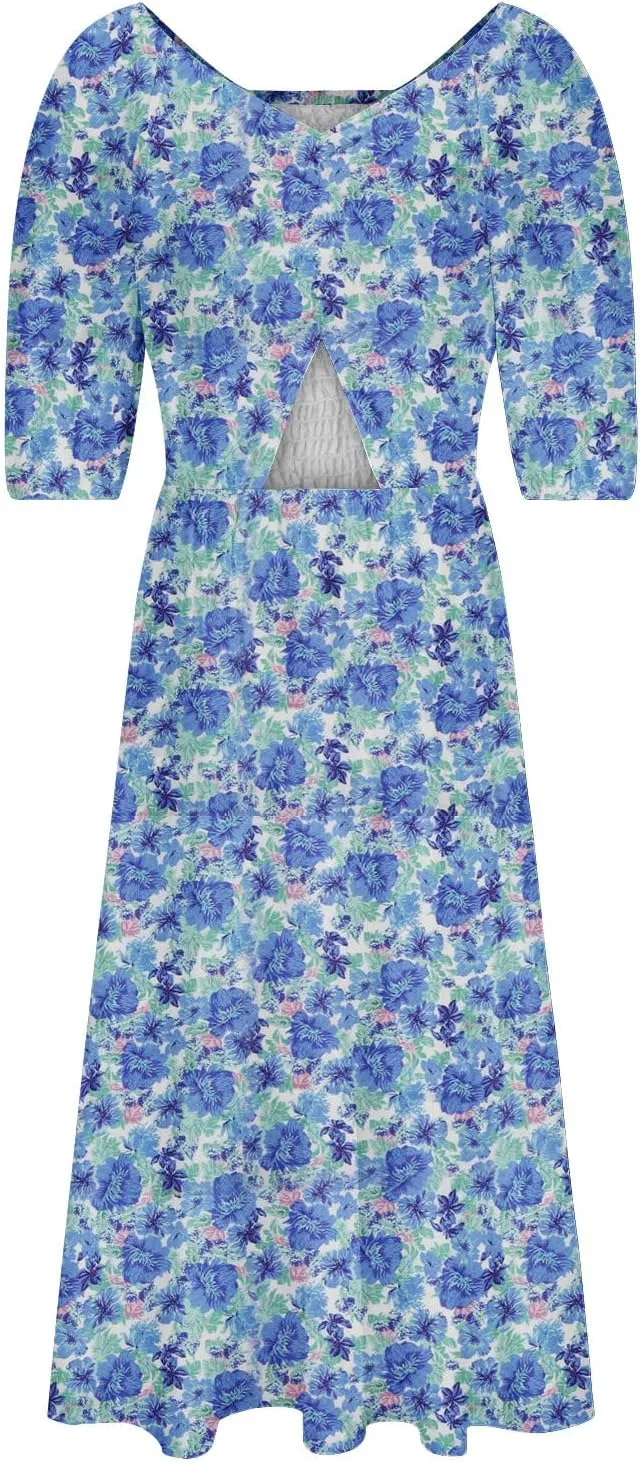 Summer Dresses for Women 2025 Flowy Square Neck Puff Short Sleeve Smocked Boho Ruffle Floral Print Elegant Maxi Dress
