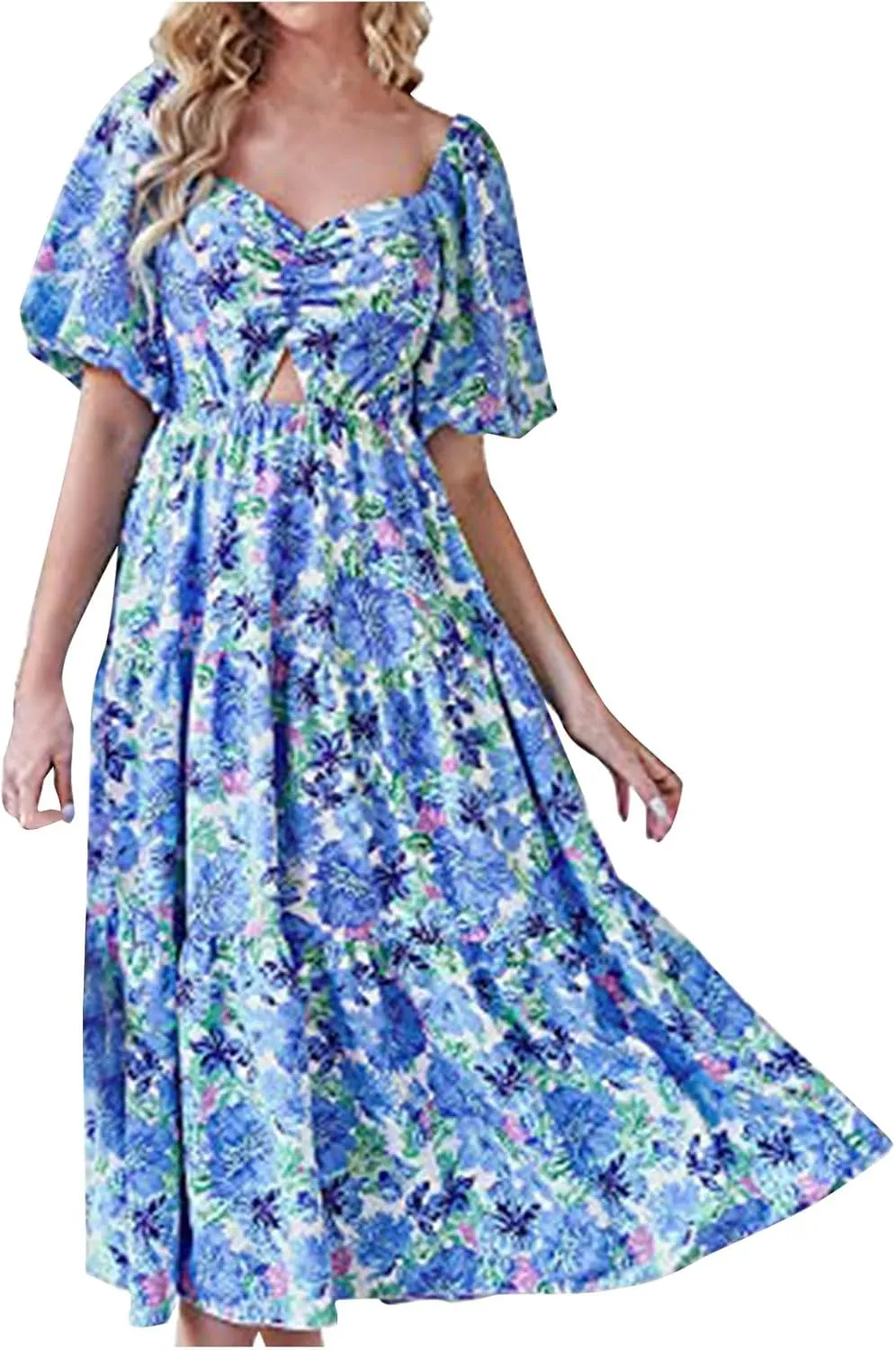 Summer Dresses for Women 2025 Flowy Square Neck Puff Short Sleeve Smocked Boho Ruffle Floral Print Elegant Maxi Dress