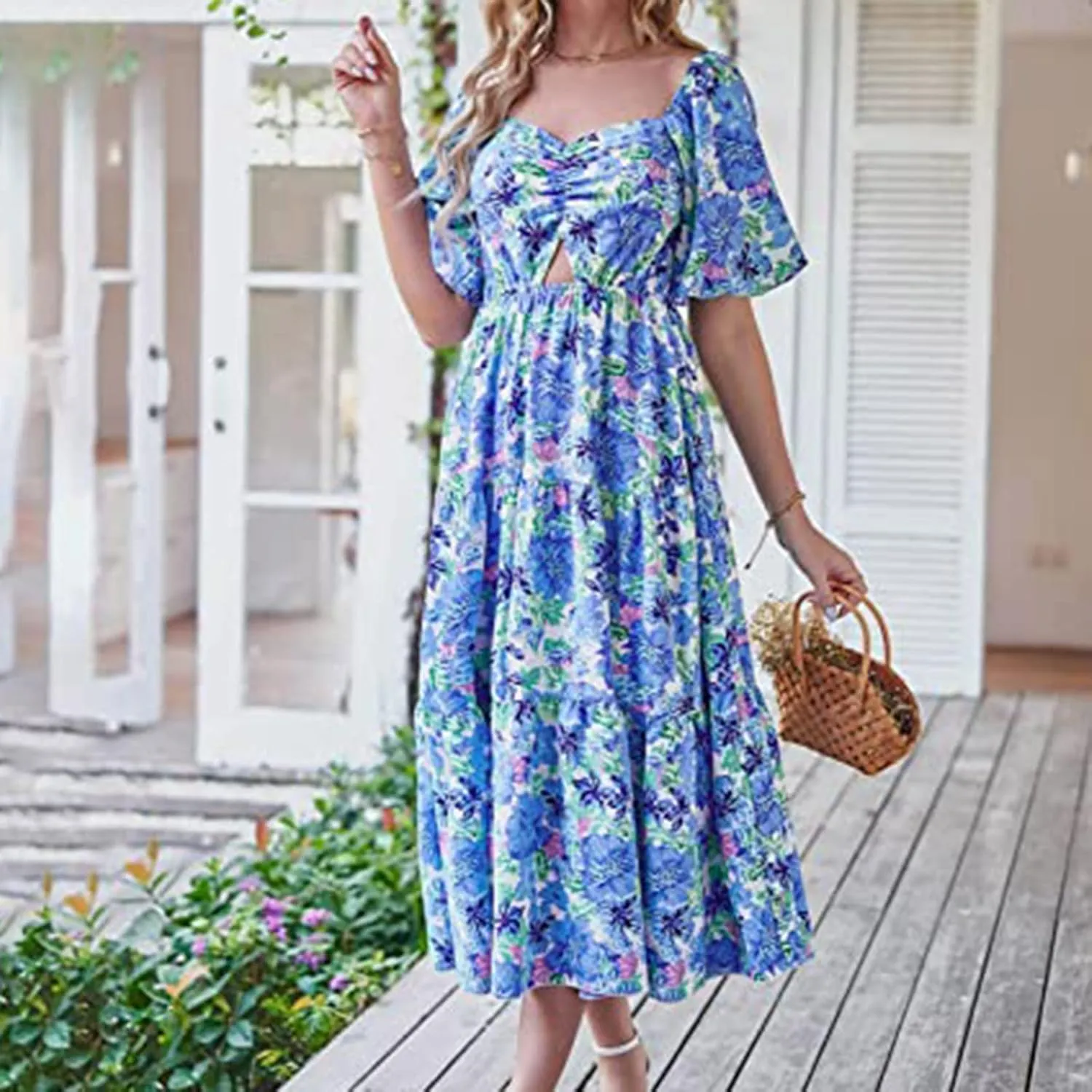 Summer Dresses for Women 2025 Flowy Square Neck Puff Short Sleeve Smocked Boho Ruffle Floral Print Elegant Maxi Dress