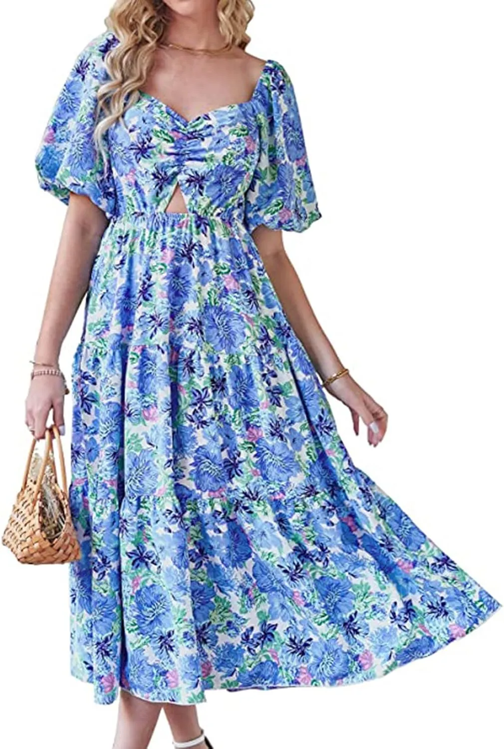 Summer Dresses for Women 2025 Flowy Square Neck Puff Short Sleeve Smocked Boho Ruffle Floral Print Elegant Maxi Dress
