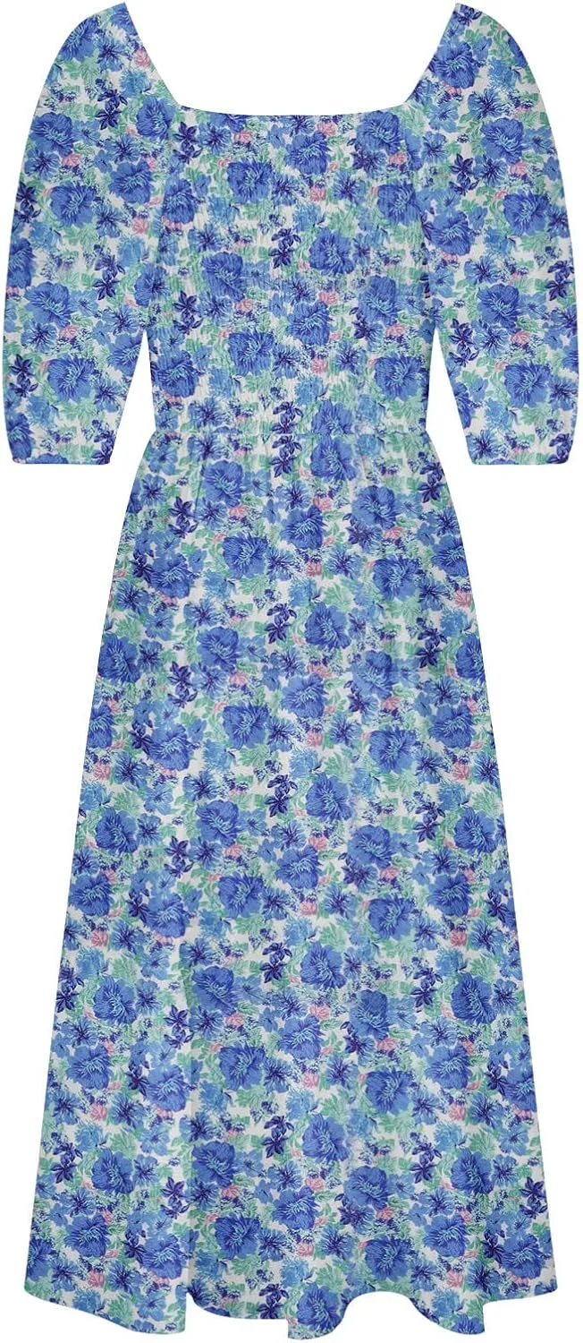 Summer Dresses for Women 2025 Flowy Square Neck Puff Short Sleeve Smocked Boho Ruffle Floral Print Elegant Maxi Dress
