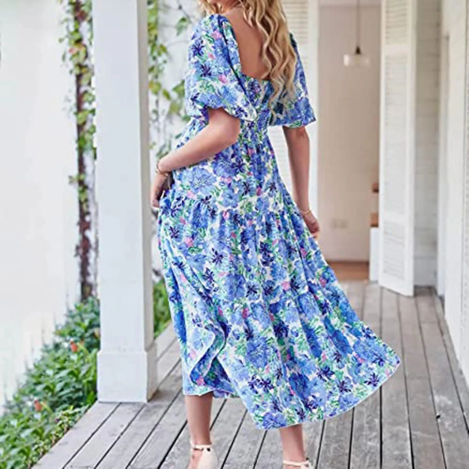 Summer Dresses for Women 2025 Flowy Square Neck Puff Short Sleeve Smocked Boho Ruffle Floral Print Elegant Maxi Dress