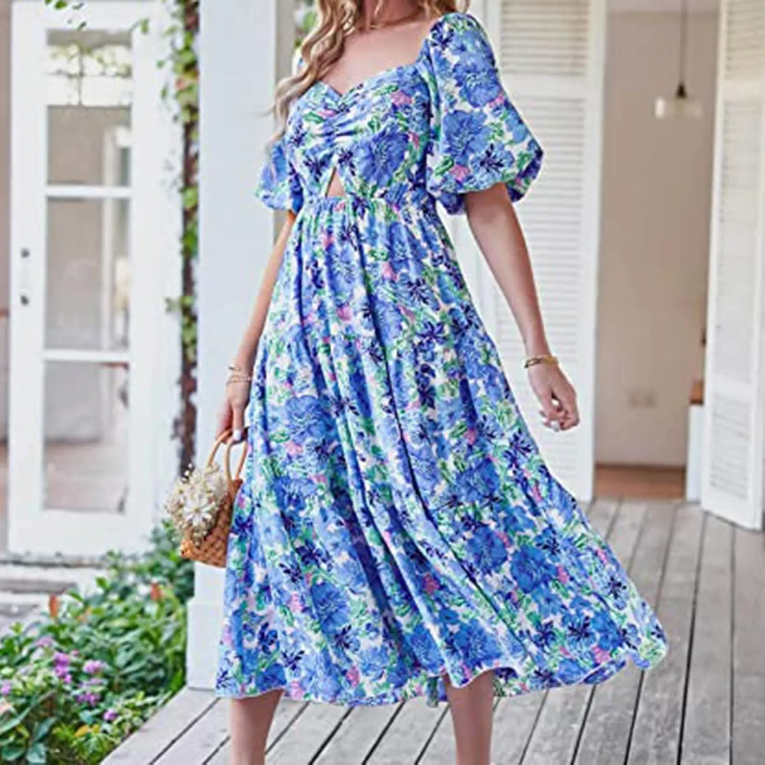 Summer Dresses for Women 2025 Flowy Square Neck Puff Short Sleeve Smocked Boho Ruffle Floral Print Elegant Maxi Dress