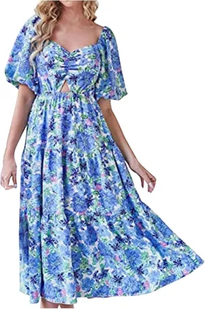 Summer Dresses for Women 2025 Flowy Square Neck Puff Short Sleeve Smocked Boho Ruffle Floral Print Elegant Maxi Dress
