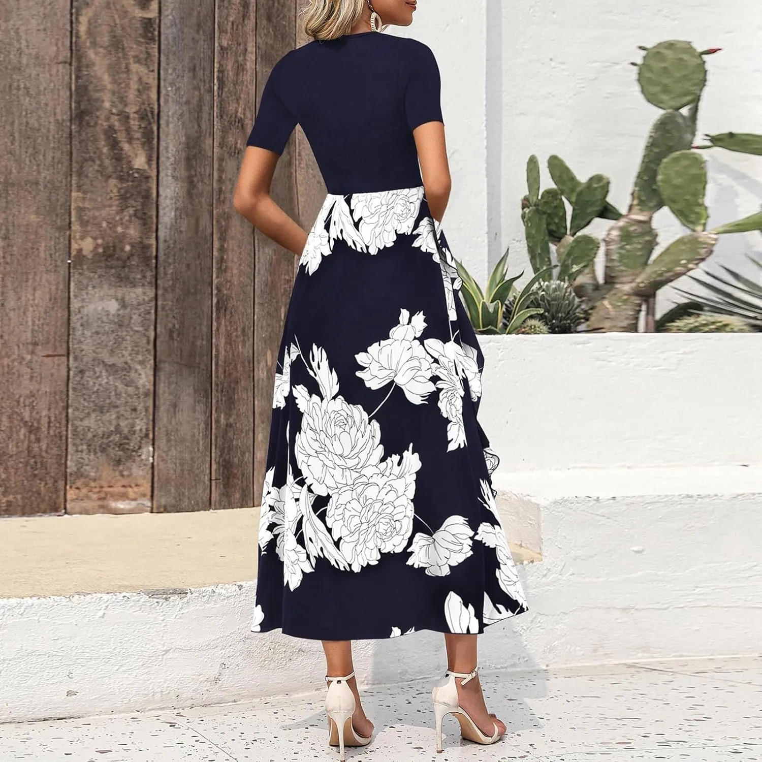 Summer Dresses for Women 2025 Maxi Dress Ruffle Short Sleeve Casual Floral Print Long Flowy Dresses with Pockets