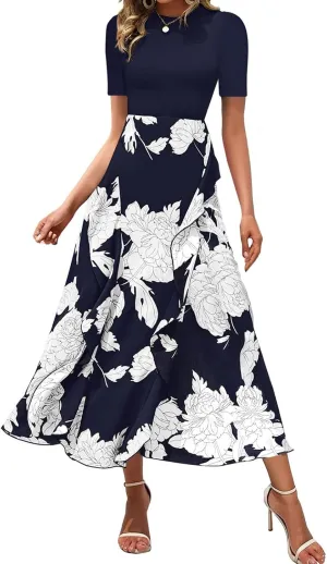 Summer Dresses for Women 2025 Maxi Dress Ruffle Short Sleeve Casual Floral Print Long Flowy Dresses with Pockets