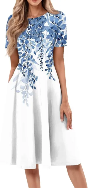 Summer Dresses for Women 2025 Midi Sun Dress Vacation Empire Waist Crewneck Short Sleeve A Line Dress Side Pockets