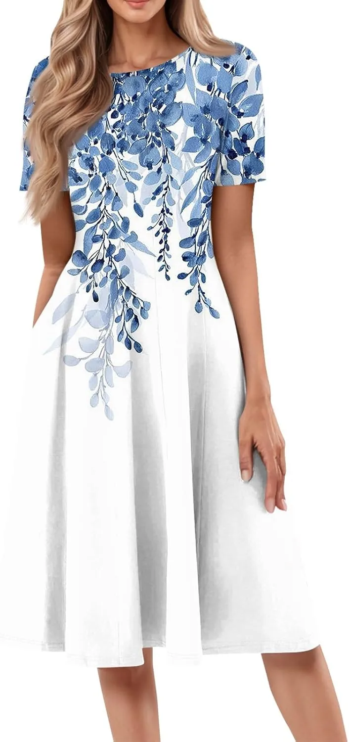 Summer Dresses for Women 2025 Midi Sun Dress Vacation Empire Waist Crewneck Short Sleeve A Line Dress Side Pockets