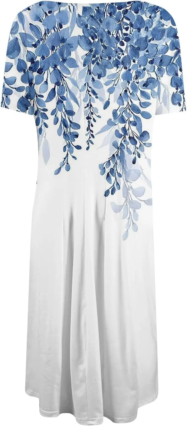 Summer Dresses for Women 2025 Midi Sun Dress Vacation Empire Waist Crewneck Short Sleeve A Line Dress Side Pockets