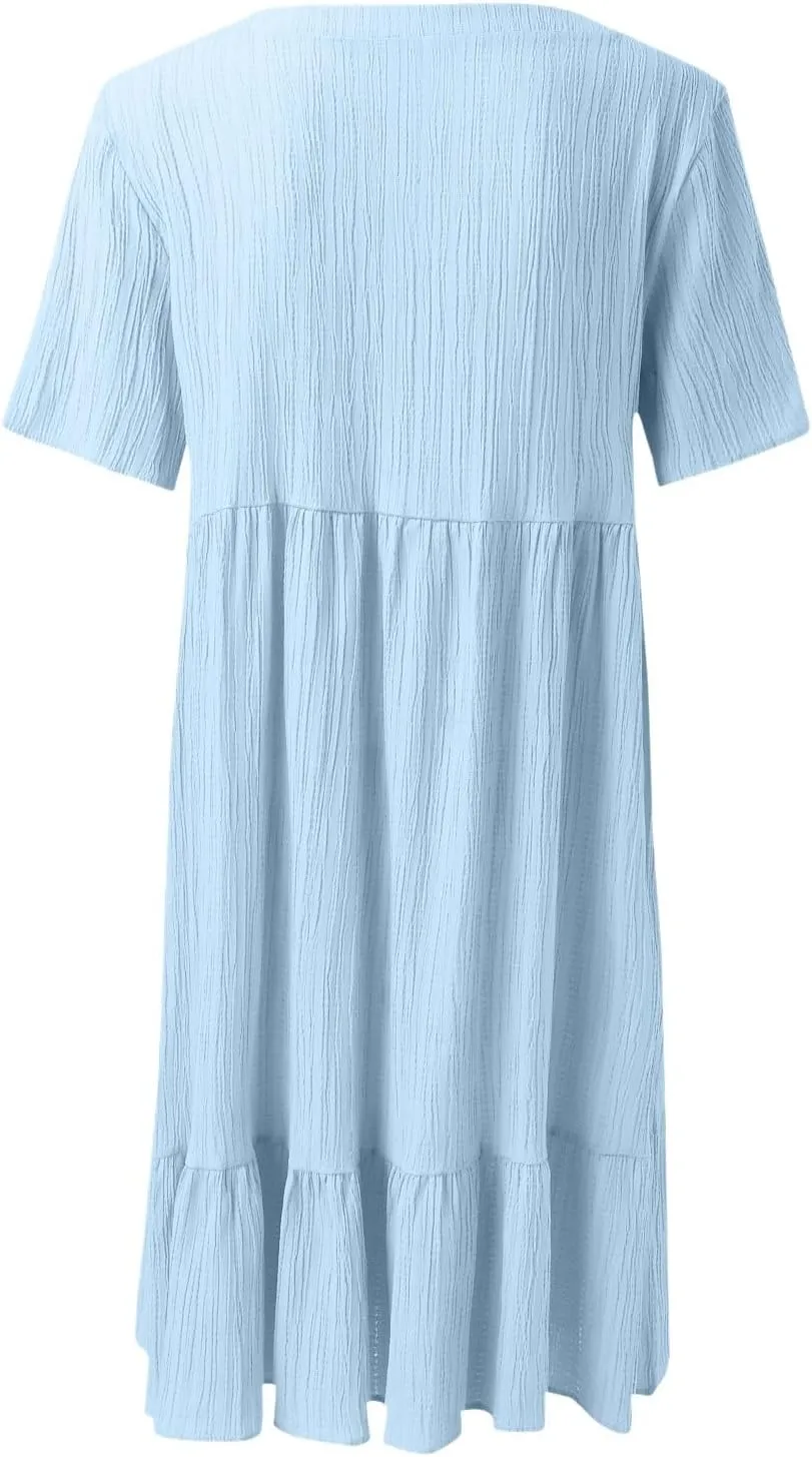 Summer Dresses for Women 2025 Trendy Short Sleeve V Neck Mini T Shirt Dress Pleated Ruffle Flowy Vacation Sundresses