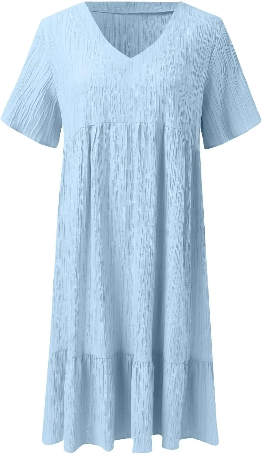 Summer Dresses for Women 2025 Trendy Short Sleeve V Neck Mini T Shirt Dress Pleated Ruffle Flowy Vacation Sundresses