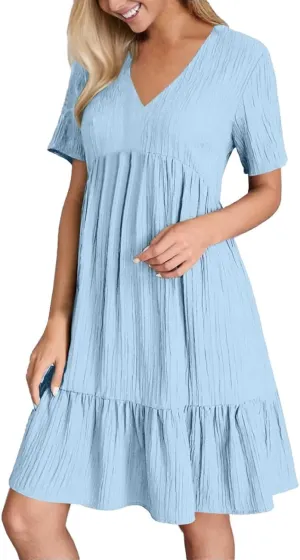 Summer Dresses for Women 2025 Trendy Short Sleeve V Neck Mini T Shirt Dress Pleated Ruffle Flowy Vacation Sundresses