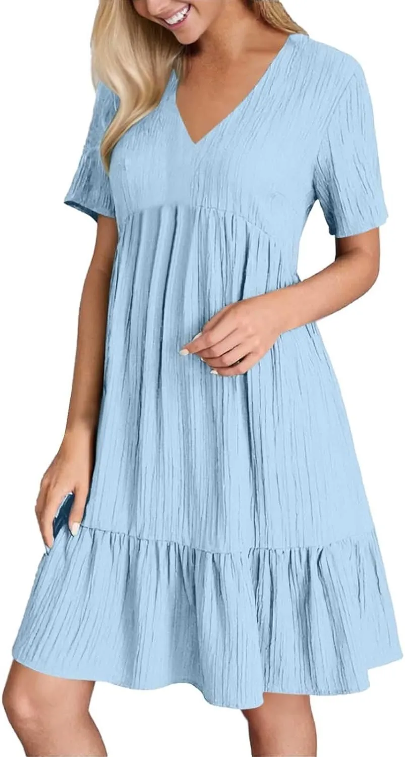Summer Dresses for Women 2025 Trendy Short Sleeve V Neck Mini T Shirt Dress Pleated Ruffle Flowy Vacation Sundresses