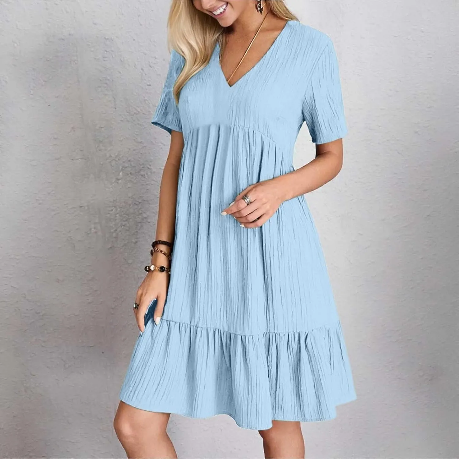 Summer Dresses for Women 2025 Trendy Short Sleeve V Neck Mini T Shirt Dress Pleated Ruffle Flowy Vacation Sundresses