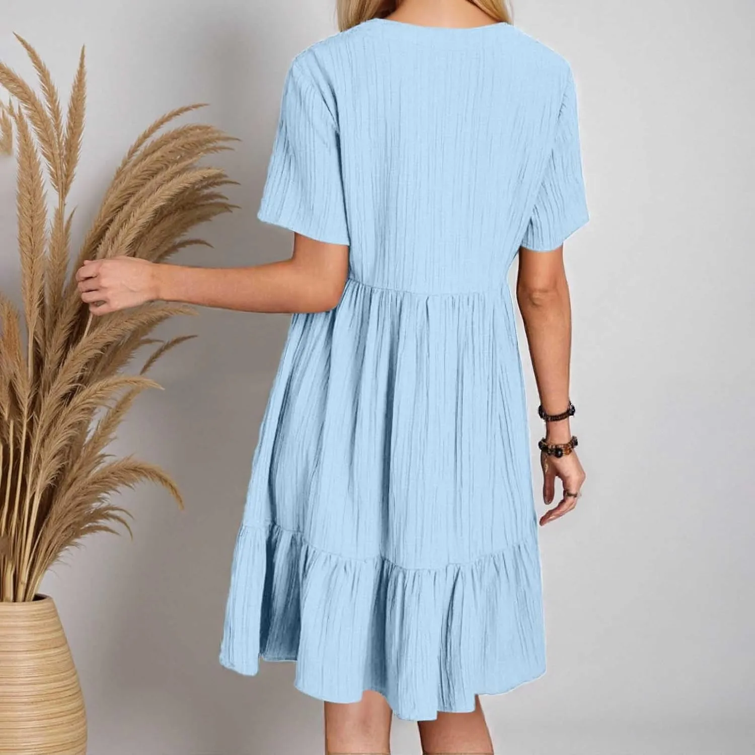Summer Dresses for Women 2025 Trendy Short Sleeve V Neck Mini T Shirt Dress Pleated Ruffle Flowy Vacation Sundresses