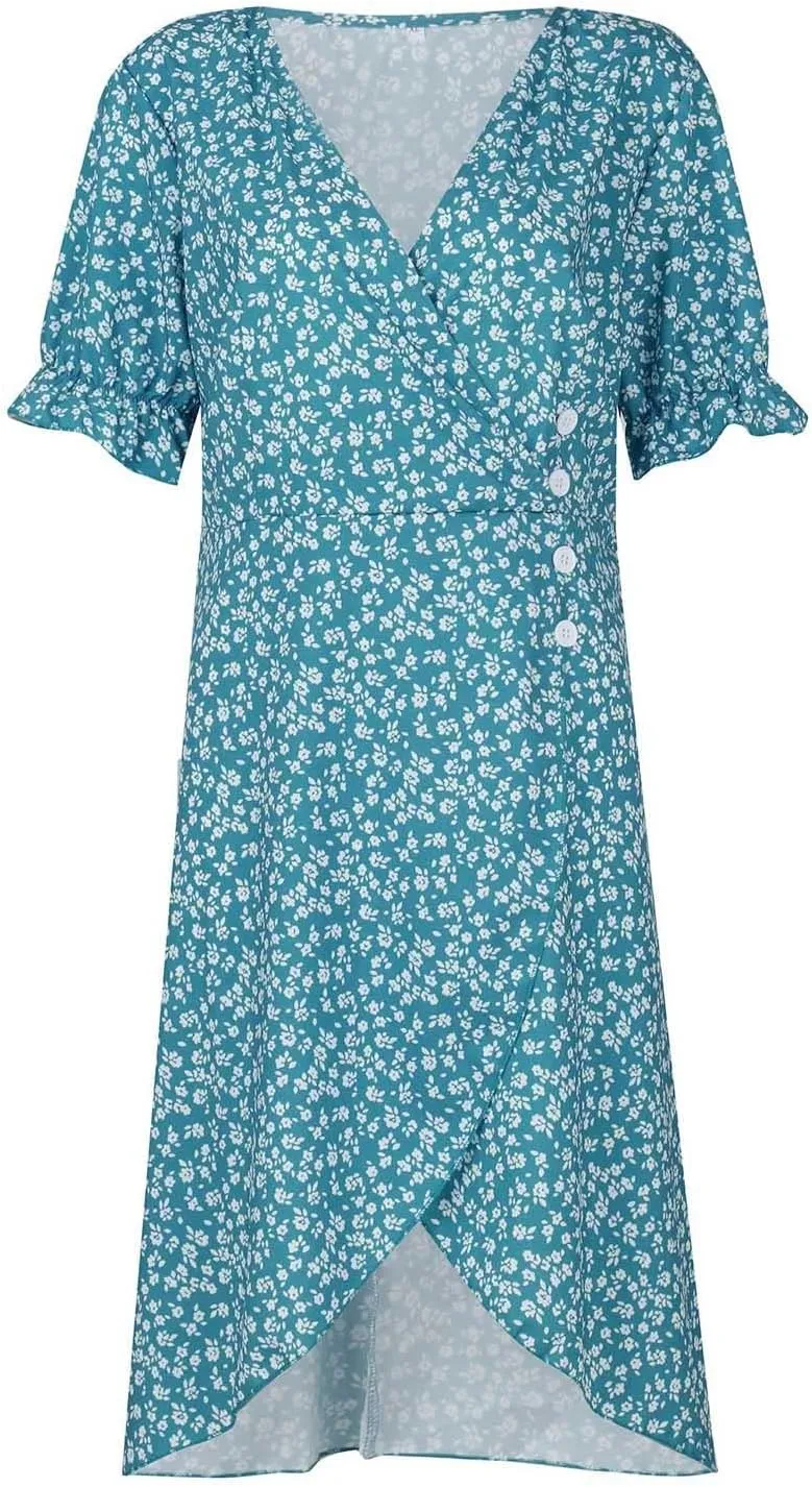 Summer Dresses for Women 2025 V Neck Wrap Midi Dress Puff Sleeve Side Button Up Ditsy Floral Dress