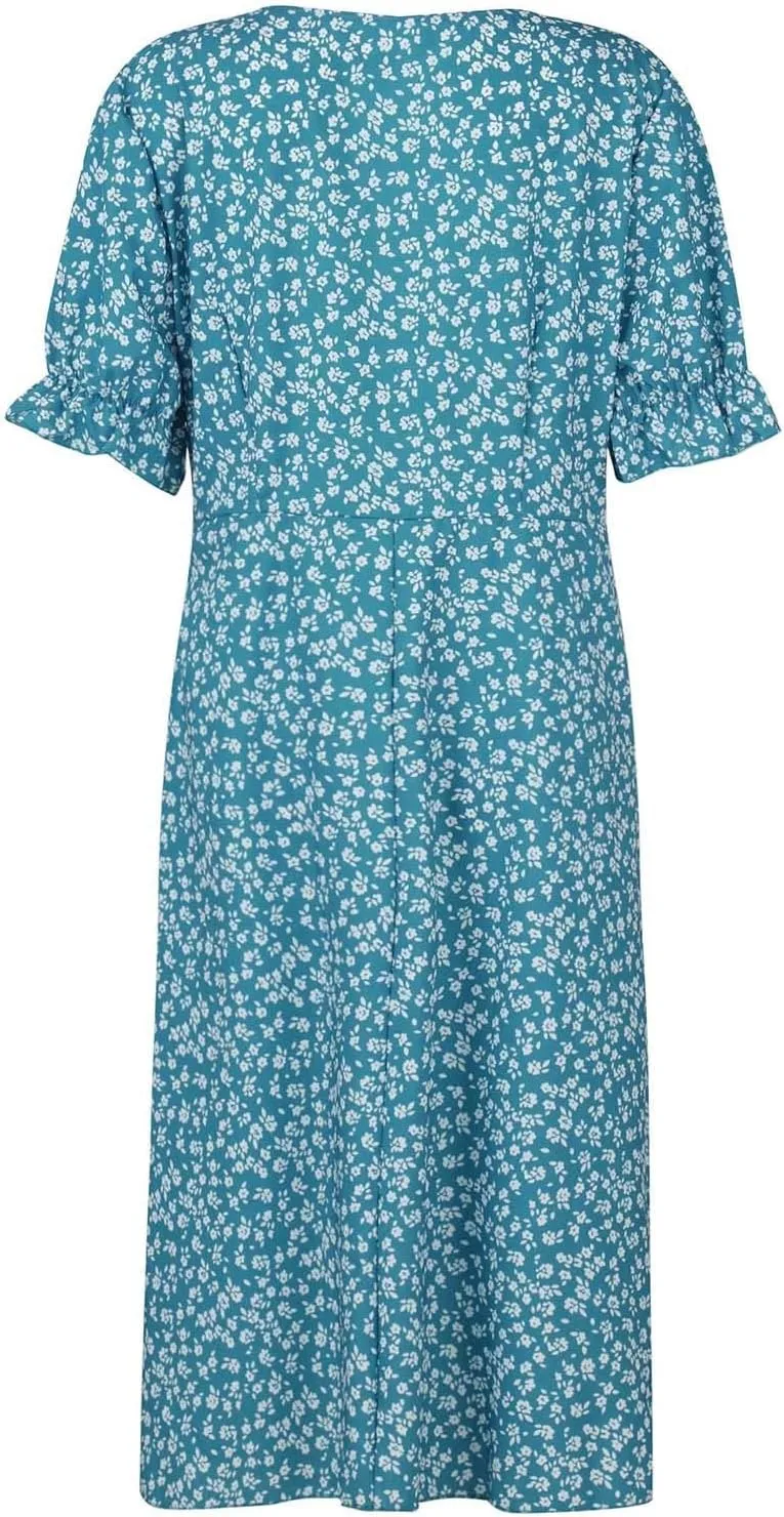 Summer Dresses for Women 2025 V Neck Wrap Midi Dress Puff Sleeve Side Button Up Ditsy Floral Dress