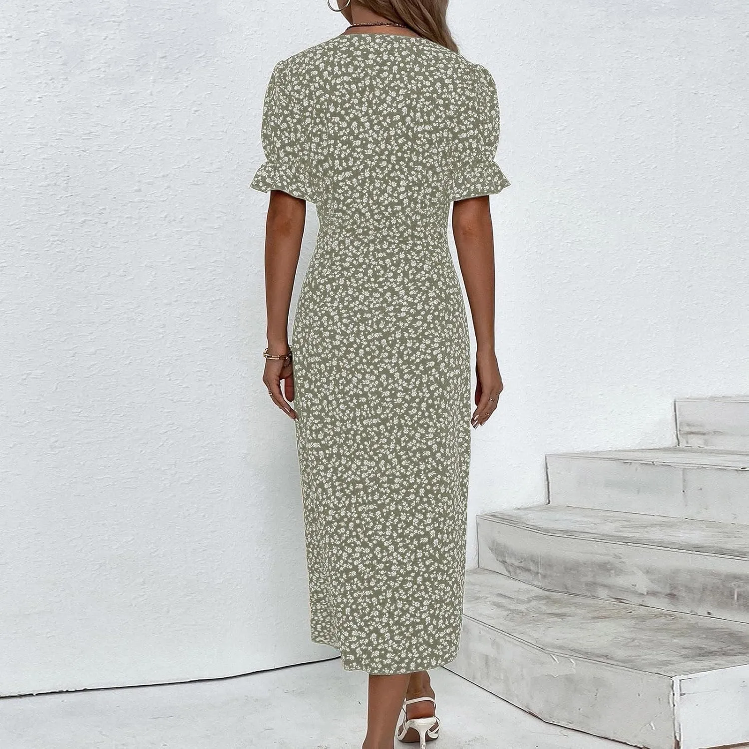 Summer Dresses for Women 2025 V Neck Wrap Midi Dress Puff Sleeve Side Button Up Ditsy Floral Dress