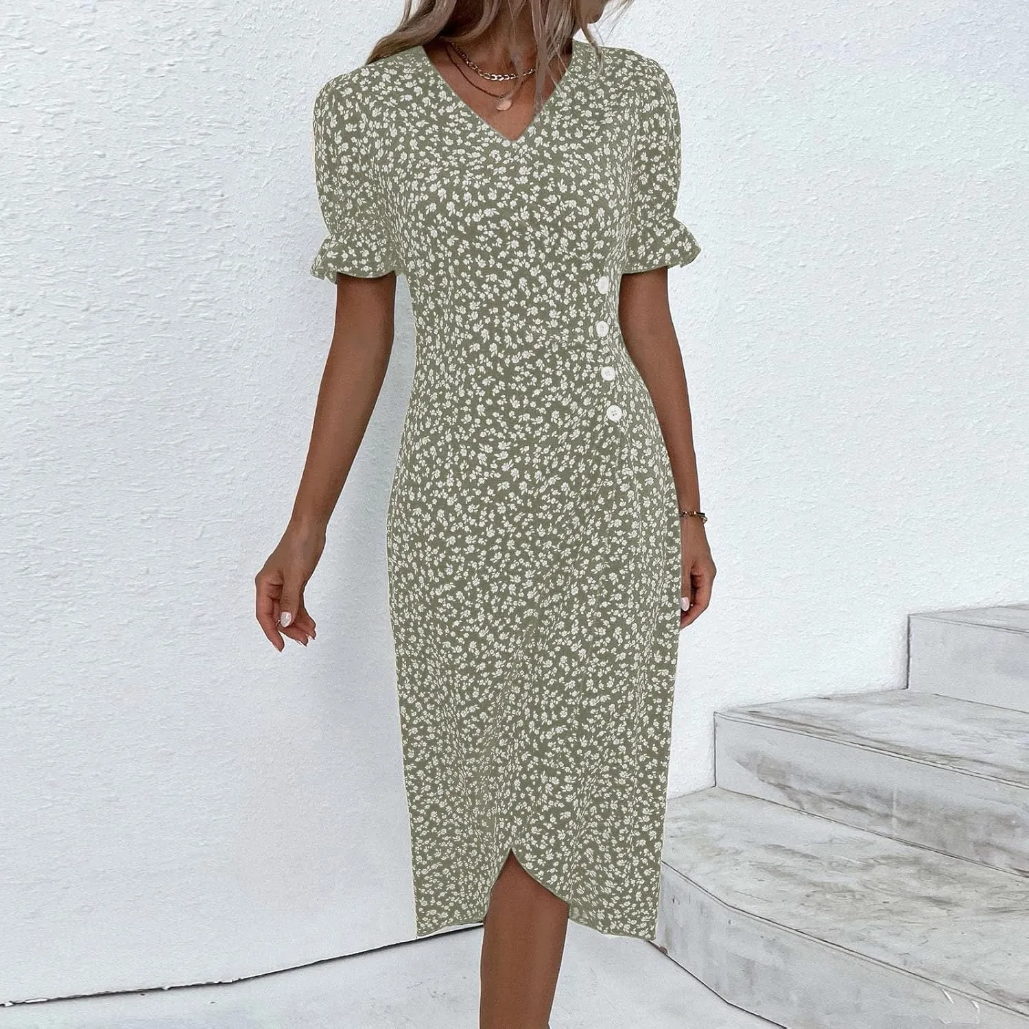 Summer Dresses for Women 2025 V Neck Wrap Midi Dress Puff Sleeve Side Button Up Ditsy Floral Dress