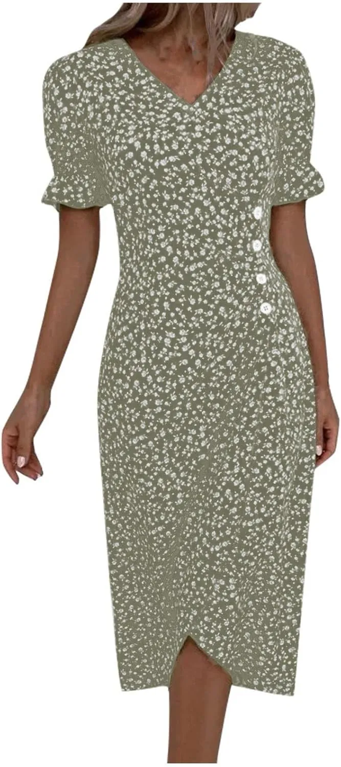 Summer Dresses for Women 2025 V Neck Wrap Midi Dress Puff Sleeve Side Button Up Ditsy Floral Dress