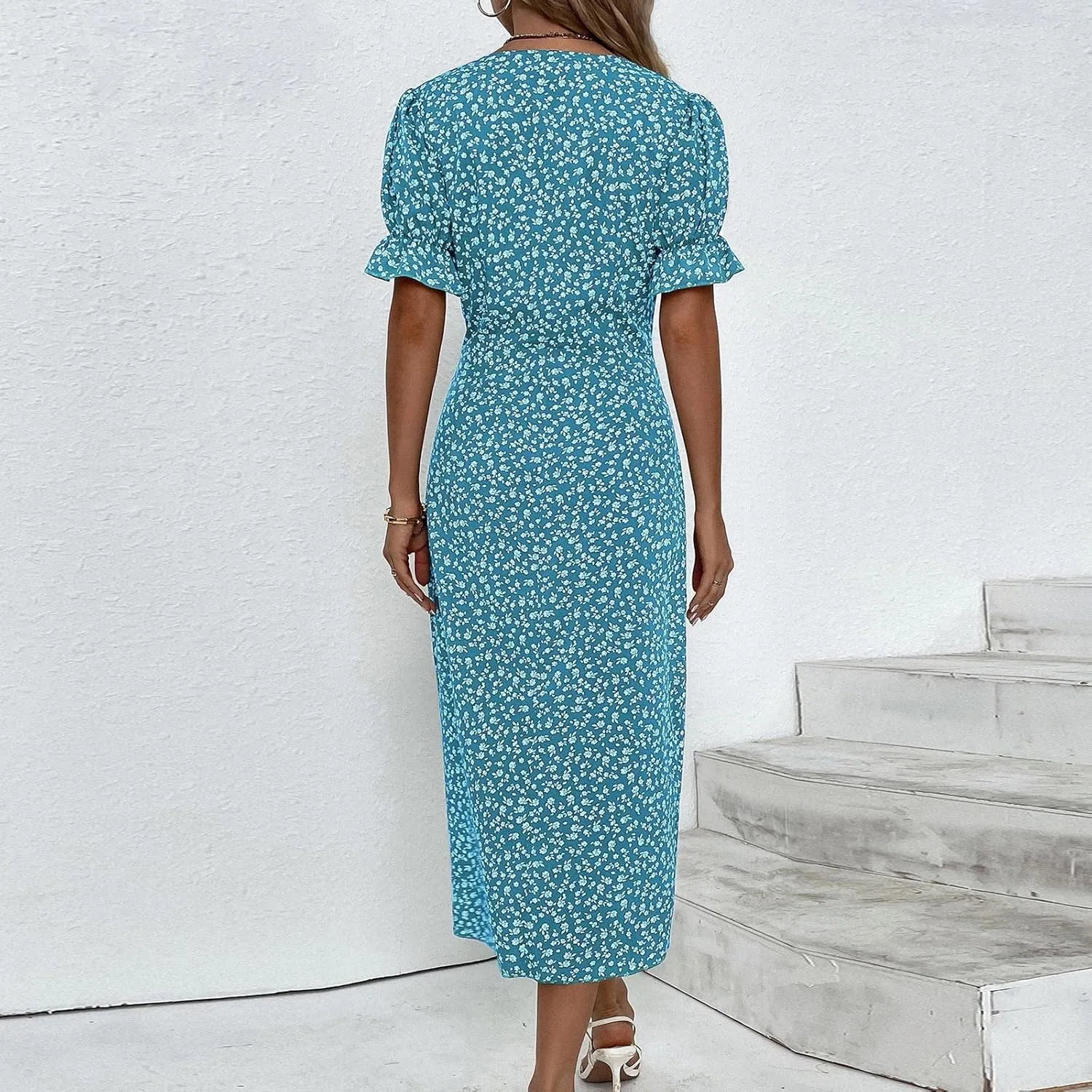 Summer Dresses for Women 2025 V Neck Wrap Midi Dress Puff Sleeve Side Button Up Ditsy Floral Dress
