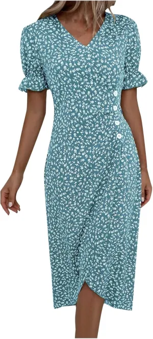 Summer Dresses for Women 2025 V Neck Wrap Midi Dress Puff Sleeve Side Button Up Ditsy Floral Dress